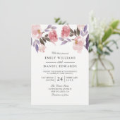Paarse Pink Floral Waterverf Wedding Invite Kaart (Staand voorkant)