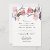 Paarse Pink Floral Waterverf Wedding Invite Kaart (Voorkant)