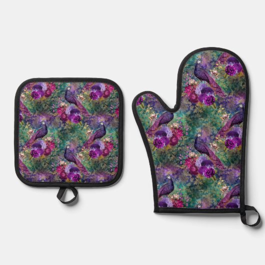 Paarse Pink Peacock Floral Ovenwant & Pannenlap Set (Voorkant)