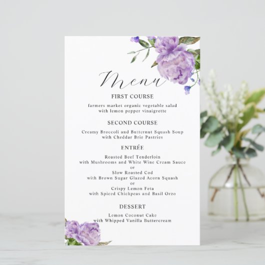 Paarse Pioen Bloem Bruiloft Diner Menu (Staand voorkant)