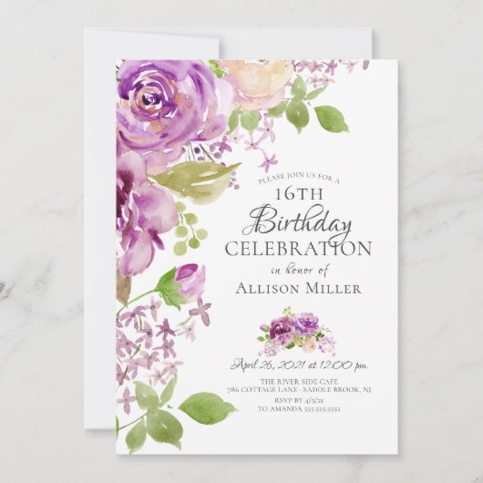 Paarse Pioen Bloemen 16e Verjaardag Uitnodiging (Voorkant)