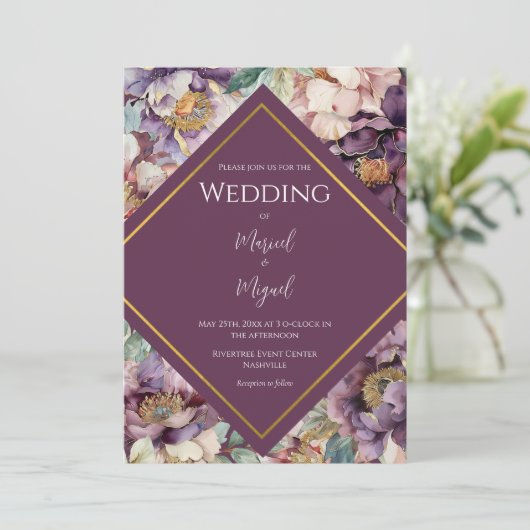 Paarse Pioen Bloemen Foto Moderne Trouw Kaart (Staand voorkant)