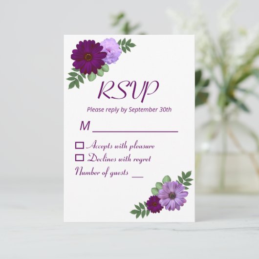 Paarse Pioen Bloemige Bruidsdouche RSVP Kaartje (Staand voorkant)