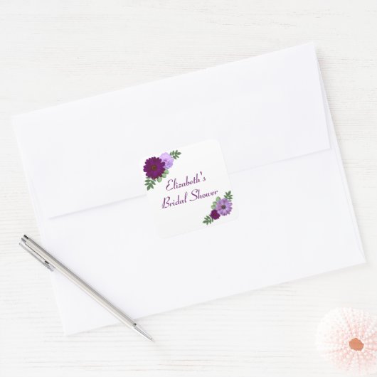 Paarse Pioen Bloemige Bruiloftsdouche Vierkante Sticker (Envelop)