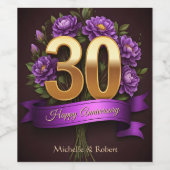 Paarse pioen boeket gouden 30e bruiloft Jubileum Wijn Etiket (Enkel label)