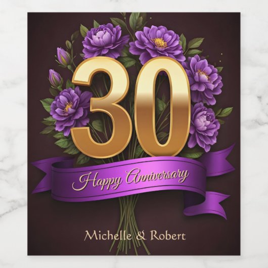 Paarse pioen boeket gouden 30e bruiloft Jubileum Wijn Etiket (Enkel label)