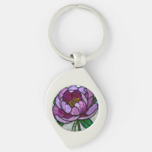 Paarse Pioen Glas-in-Lood Sleutelhanger