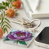 Paarse Pioen Glas-in-lood Sleutelhanger (Voorkant Rechts)