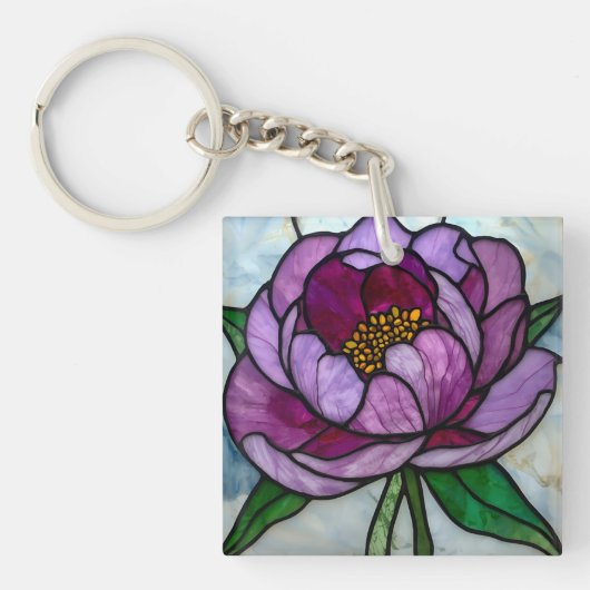 Paarse Pioen Glas-in-lood Sleutelhanger (Voorkant)