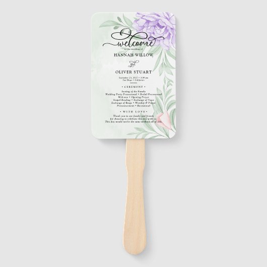 Paarse pioen Roos groen verlaat bruiloft programma Handwaaier (Voorkant)