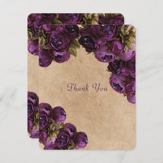 Paarse pioen, rustiek papier, bruiloft dank u bedankkaart (Voorkant / Achterkant)