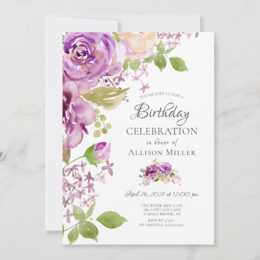 Paarse pioenen Bloemen Verjaardag Uitnodiging (Voorkant)