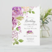 Paarse pioenen Bloemen Verjaardag Uitnodiging (Staand voorkant)
