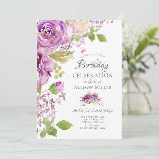 Paarse pioenen Bloemen Verjaardag Uitnodiging (Staand voorkant)