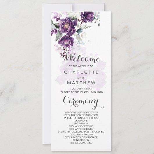 Paarse pioenen bloemenbruiloft programma (Voorkant)