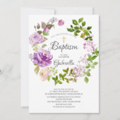 Paarse pioenen Floral krans doop uitnodiging (Voorkant)