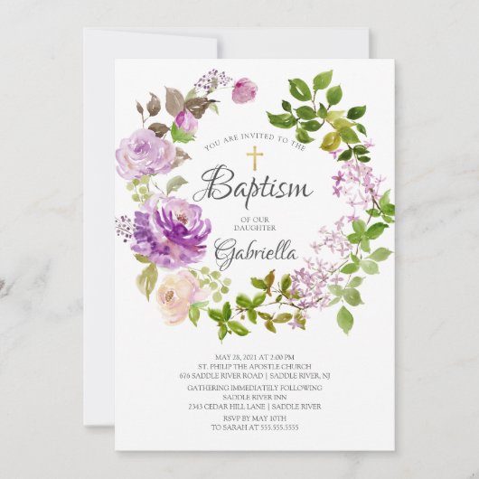 Paarse pioenen Floral krans doop uitnodiging (Voorkant)