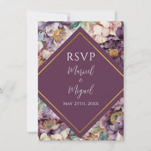 Paarse Pioenen Floral Modern Bruiloft RSVP