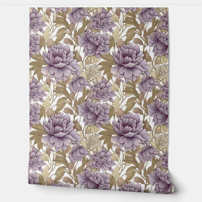  paarse pioenen goudblaadjes bloemig behang (Afrollen)