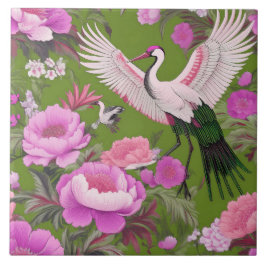 Paarse pioenen & kraan op Olive Green Chinoiserie Tegeltje