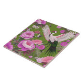 Paarse pioenen & kraan op Olive Green Chinoiserie Tegeltje (Zijkant)