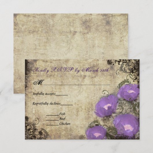 Paarse pioenen vintage huwelijksuitnodiging RSVP (Voorkant / Achterkant)