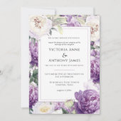 Paarse pioenrozen bloemenmoderne bruiloft kaart (Voorkant)