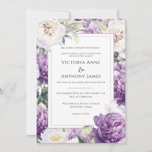 Paarse pioenrozen bloemenmoderne bruiloft kaart (Voorkant)