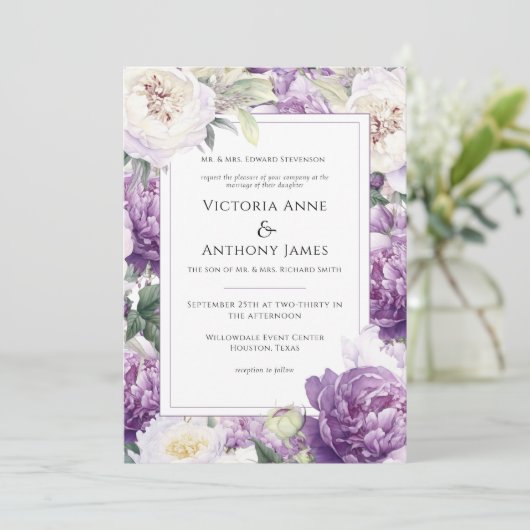 Paarse pioenrozen bloemenmoderne bruiloft kaart (Staand voorkant)