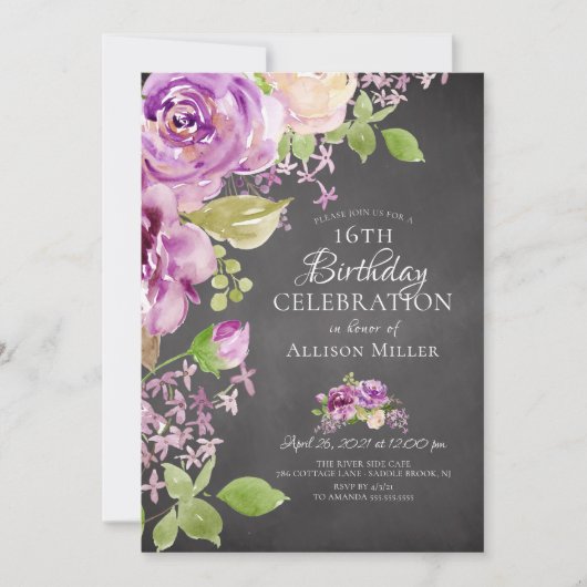 Paarse pioenrozen Floral 16e verjaardag uitnodigin Kaart (Voorkant)