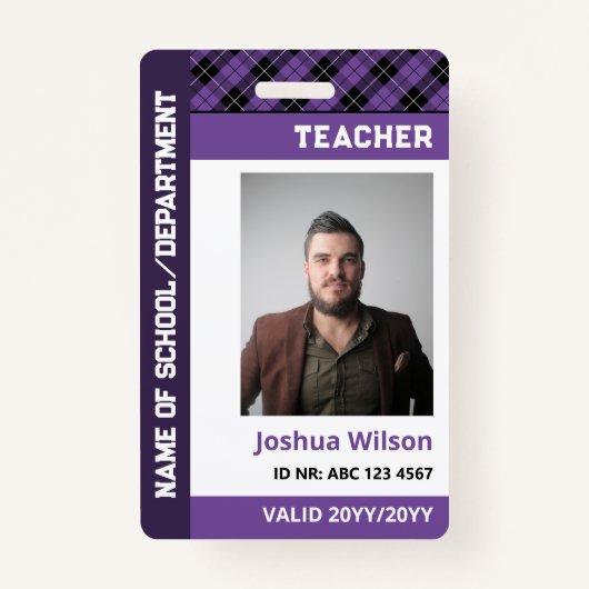Paarse Plaid Foto ID School Leraar Badge (Voorkant)