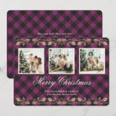 Paarse Plaid Gold Holly Foto Vrolijke Kerst Kaart (Voorkant / Achterkant)