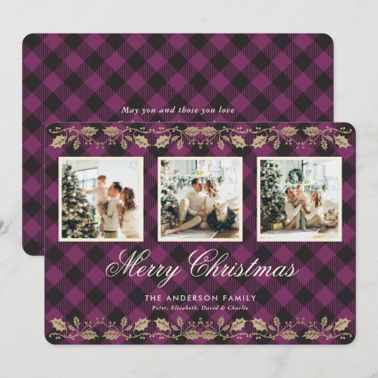 Paarse Plaid Gold Holly Foto Vrolijke Kerst Kaart (Voorkant / Achterkant)