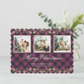 Paarse Plaid Gold Holly Foto Vrolijke Kerst Kaart (Staand voorkant)