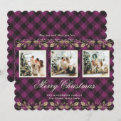 Paarse Plaid Gold Holly Foto Vrolijke Kerst Kaart (Voorkant / Achterkant)