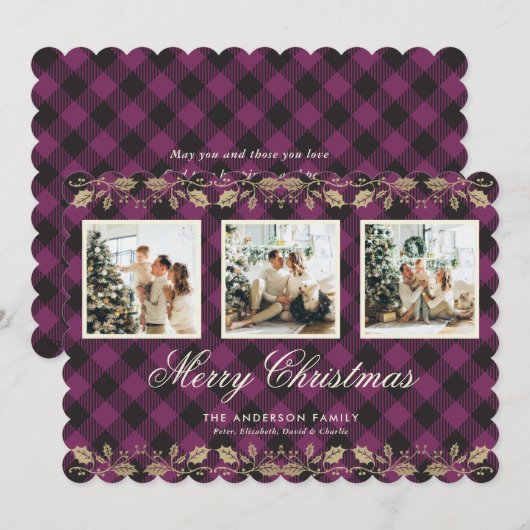 Paarse Plaid Gold Holly Foto Vrolijke Kerst Kaart (Voorkant / Achterkant)
