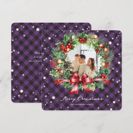 Paarse Plaid Krans Foto Vrolijke Kerst Kaart (Voorkant / Achterkant)