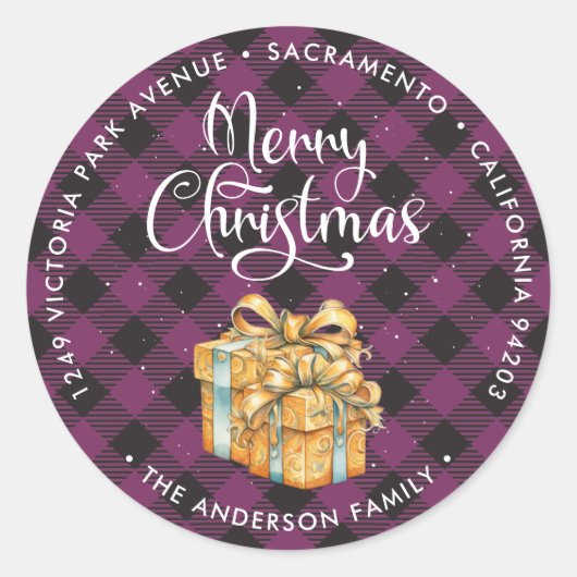 Paarse Plaid Merry Christmas Retouradreslabels Ronde Sticker (Voorkant)