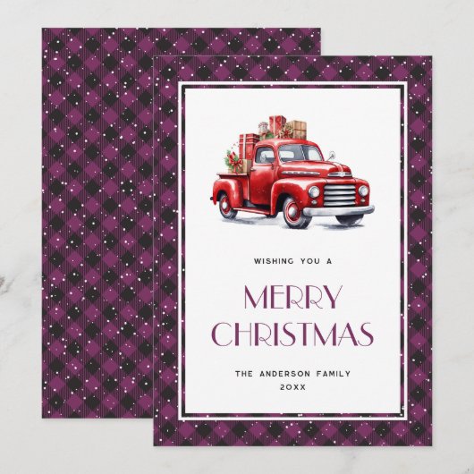 Paarse Plaid Retro Rode Truck Vrolijke Kerst Kaart (Voorkant / Achterkant)