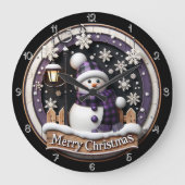 Paarse Plaid Sneeuwman Vrolijk Kerstfeest Grote Klok (Voorkant)