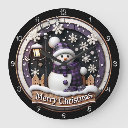 Paarse Plaid Sneeuwman Vrolijk Kerstfeest Grote Klok (Voorkant)