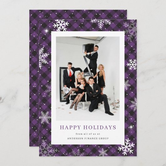 Paarse Plaid Sneeuwvlok Foto Bedrijf Feestdagenkaart (Voorkant / Achterkant)