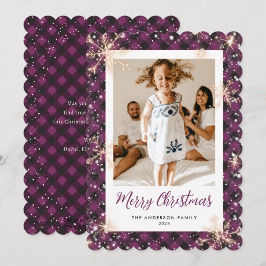 Paarse Plaid Sneeuwvlok Foto Vrolijk Kerstfeest Feestdagenkaart (Voorkant / Achterkant)