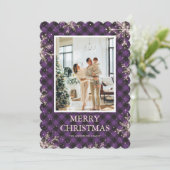 Paarse Plaid Sneeuwvlok Foto Vrolijk Kerstfeest Feestdagenkaart (Staand voorkant)