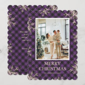 Paarse Plaid Sneeuwvlok Foto Vrolijk Kerstfeest Feestdagenkaart (Voorkant / Achterkant)