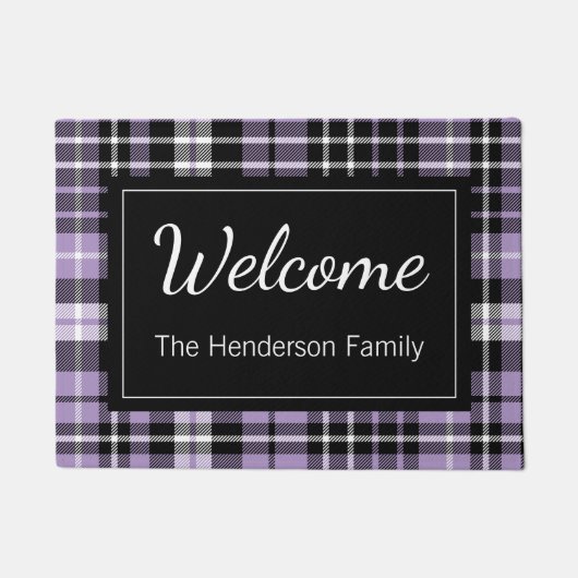 Paarse Plaid Welkom Monogrammed Familienaam Deurmat (Voorkant)
