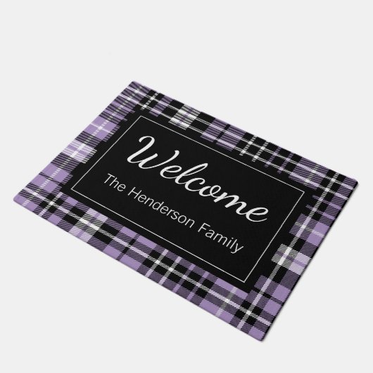 Paarse Plaid Welkom Monogrammed Familienaam Deurmat (Schuin)