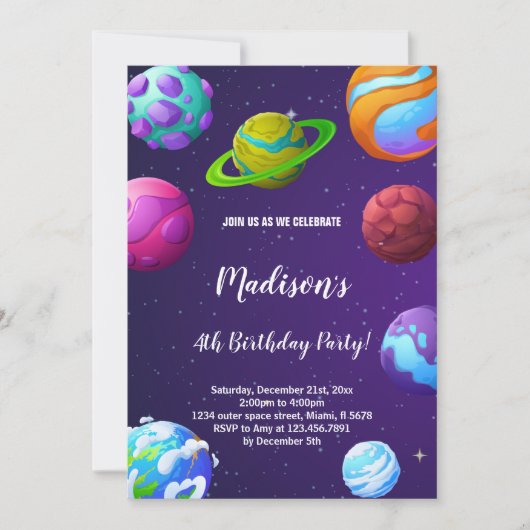 Paarse Planeten Verjaardagsuitnodiging Kaart (Voorkant)