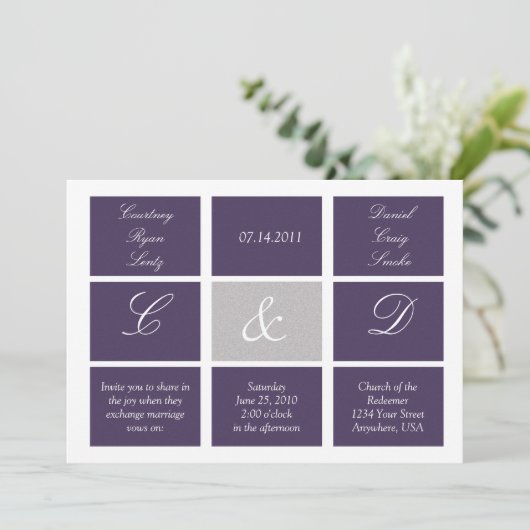 Paarse pleinen Uitnodiging tot bruiloft (Staand voorkant)