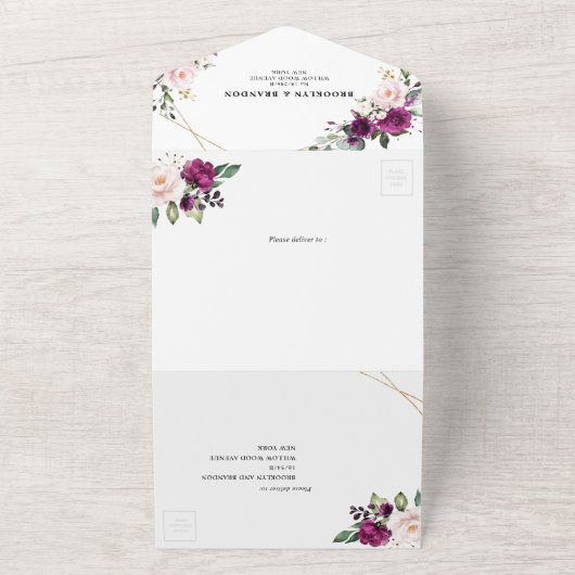 Paarse plum Blush roses Roses Geometric Wedding Al All In One Uitnodiging (Buitenkant)